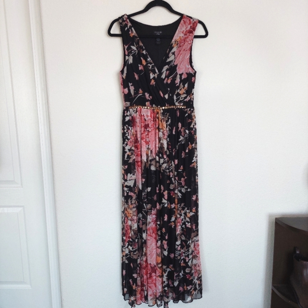 Alexa B Nites Black Floral V-Neck Maxi Dress‎ Beaded Waist Size 8